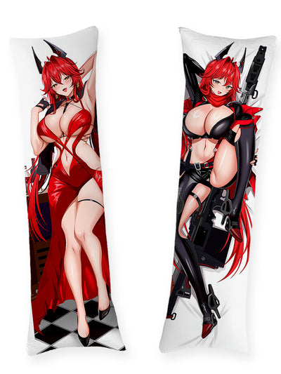 Almohada Red Hood Nikke con vestido de tirantes rojo